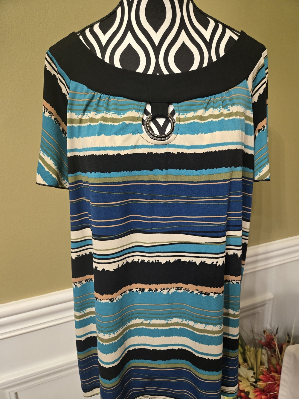 AGB Multicolored Short Sleeve Round Neck Blouse Striped Large